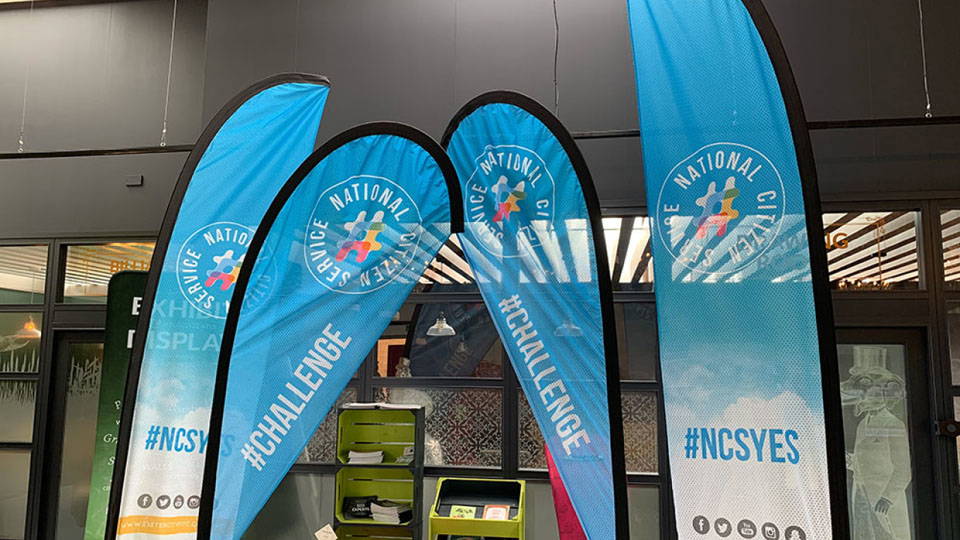 A display of multiple custom-print flags.